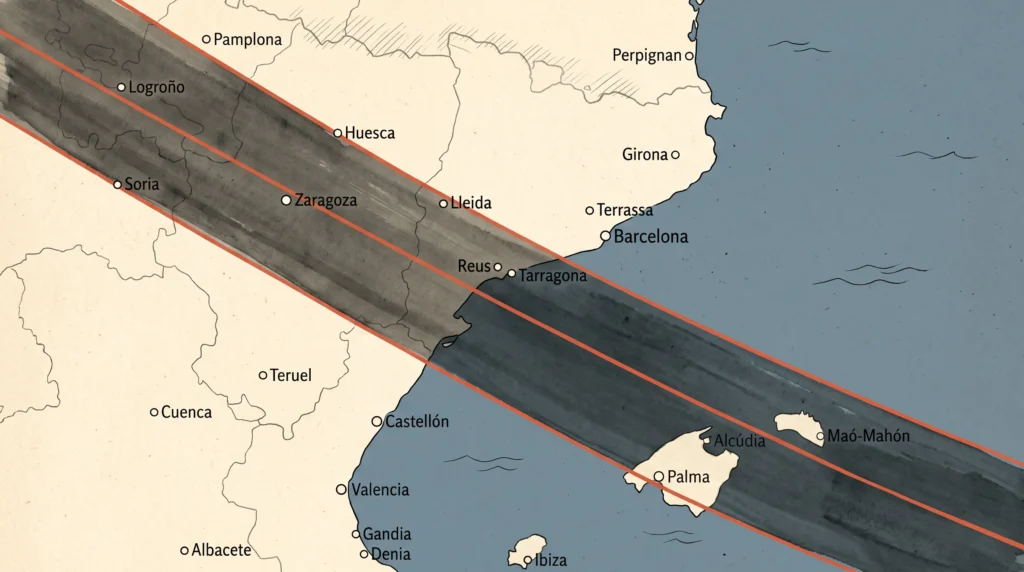 Mapa de Catalunya amb la franja de totalitat de l'eclipsi del 12 d'agost del 2026 travessant el terç sud, per Lleida, el Camp de Tarragona i les Terres de l'Ebre.